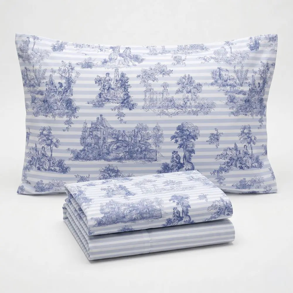 Completo Lenzuola Matrimoniale Percalle Toile de jouy blu e righe Pezzoli
