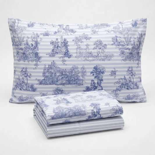 Completo Lenzuola Matrimoniale Percalle Toile de jouy blu e righe Pezzoli
