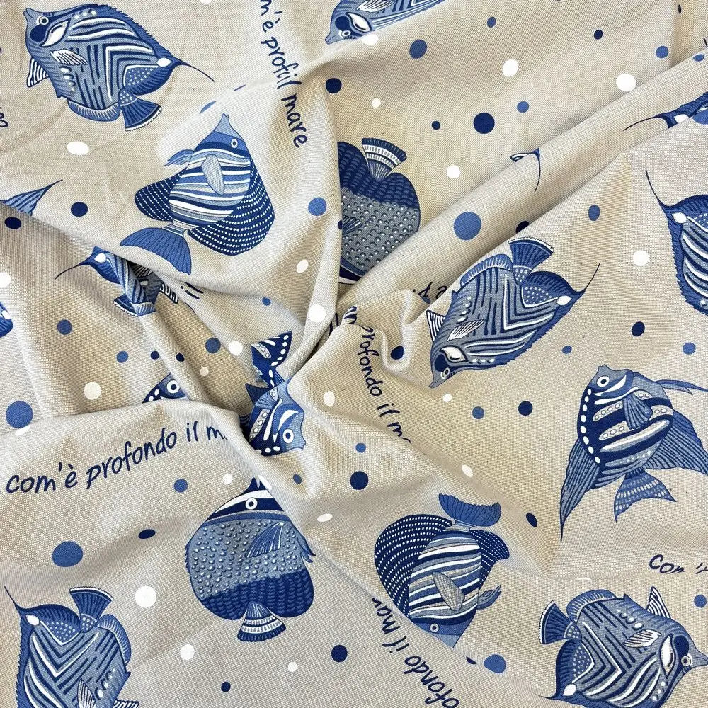 Tovaglia Artigianale Italiana 80% Cotone 20% Poliestere 6 12 18 posti pesci blu come è profondo il mare