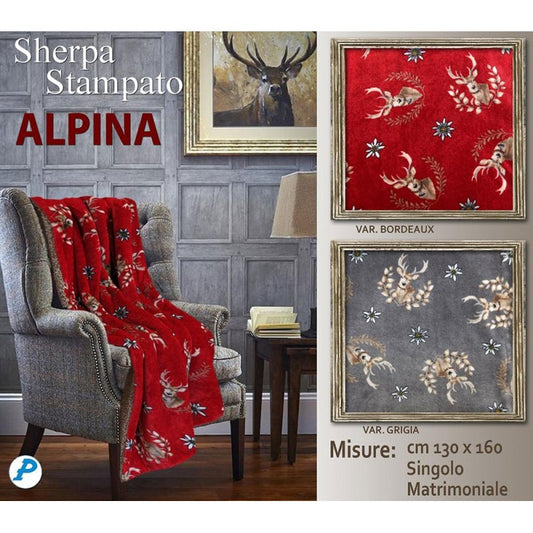 PLAID PILE STAMPATO AGNELLATO sherpa Alpina grigio rosso