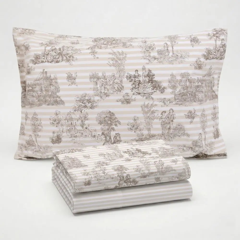 Completo Lenzuola Matrimoniale Percalle Toile de jouy beige e righe Pezzoli