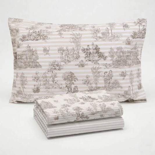 Completo Lenzuola Matrimoniale Percalle Toile de jouy beige e righe Pezzoli