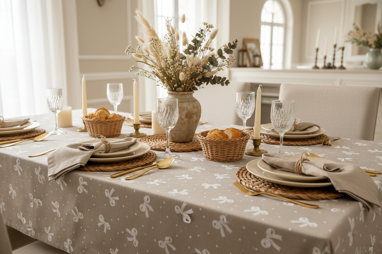 Tovaglia Artigianale Italiana 80% Cotone 20% Poliestere 6 12 18 posti fiocchi fiocchetti bianco rosa