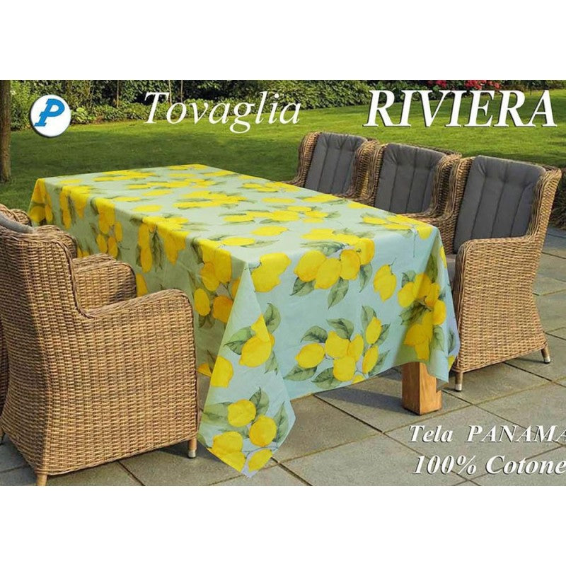 Tovaglia  limoni base celeste 100% cotone biancheria tavola made in italy 6 e 12 posti