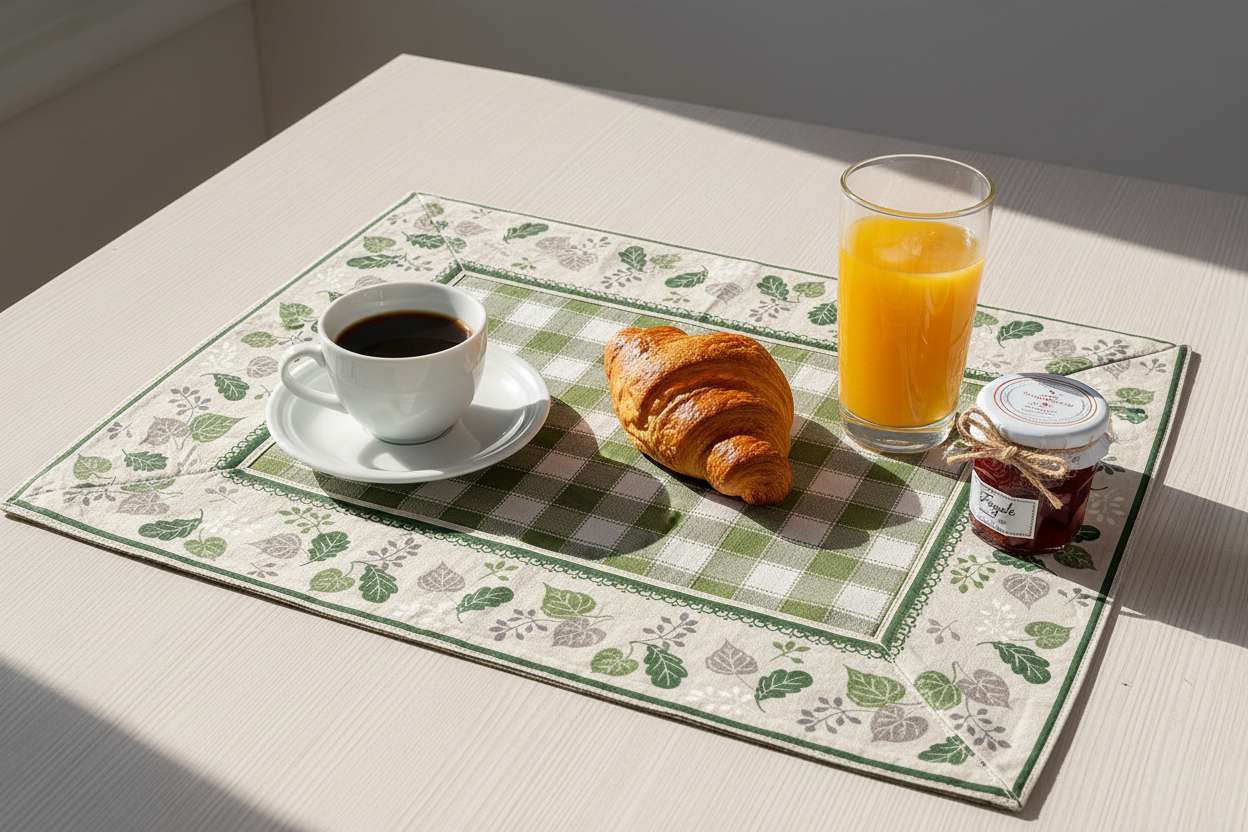 Set Tovaglietta Americana colazione e Tovagliolo Fantasia Foglie Verdi – 100% Cotone | Made in Italy
